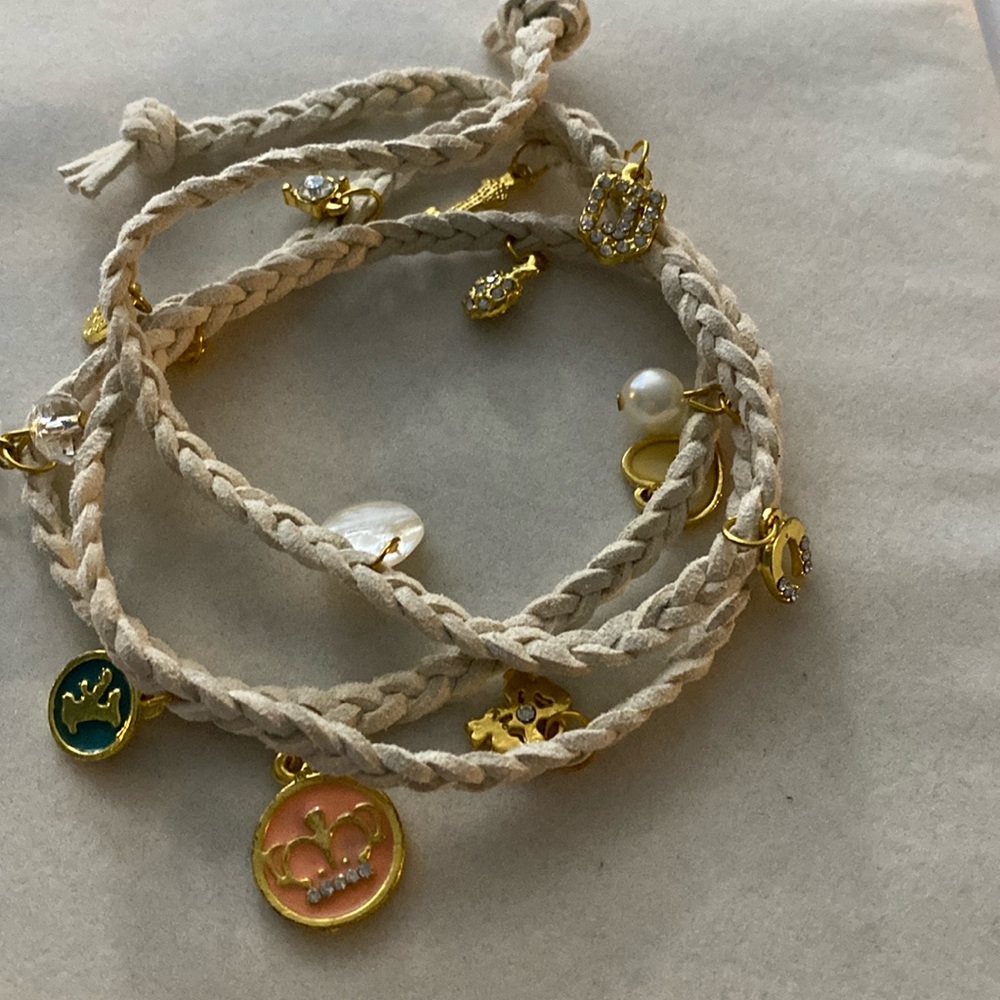Couture style, braided suede, leather charm bracelet, beige/gold/rhinestones NEW